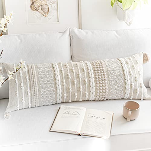 Boho Lumbar Throw Pillow Cover 14x36 Cream White - Handmade Accent Cushion