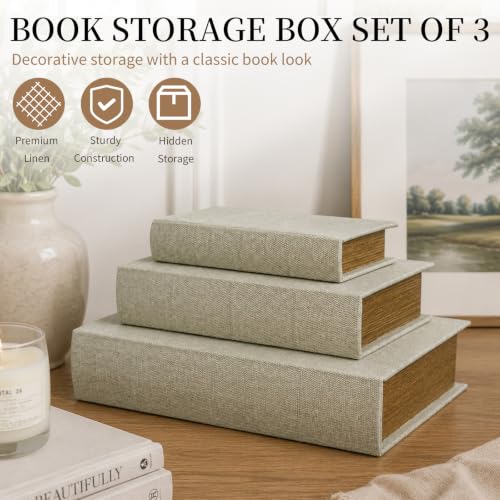 Decorative Book Boxes Set of 3,Modern Faux Linen Hidden Storage, Warm