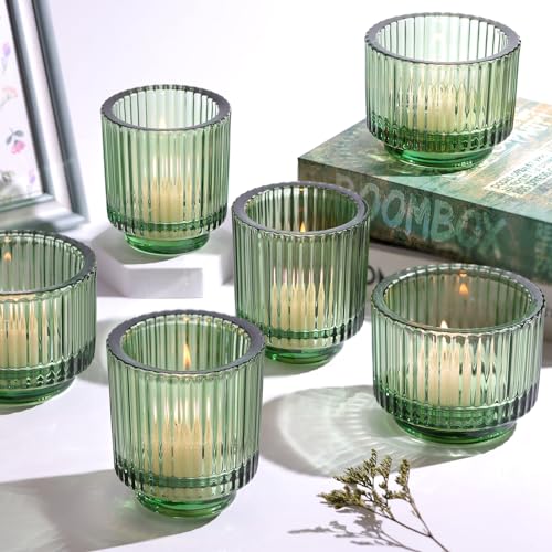6pcs Assorted Green Votive Candle Holders for Wedding Centerpieces, Vintage Ribbed Tealight Candle Holder for Home Table Decor, Large Glass Candle Holder for Christmas Decor, Bridal Shower