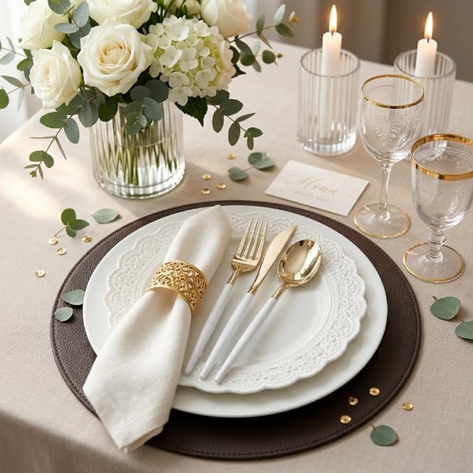 300 Pcs Gold Plastic Silverware Set with White Handles - Disposable Flatware