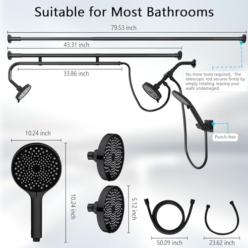 MLLNFUE Black Tandem Dual Shower Head Set with Handheld, High Pressure, Adjustable Spray