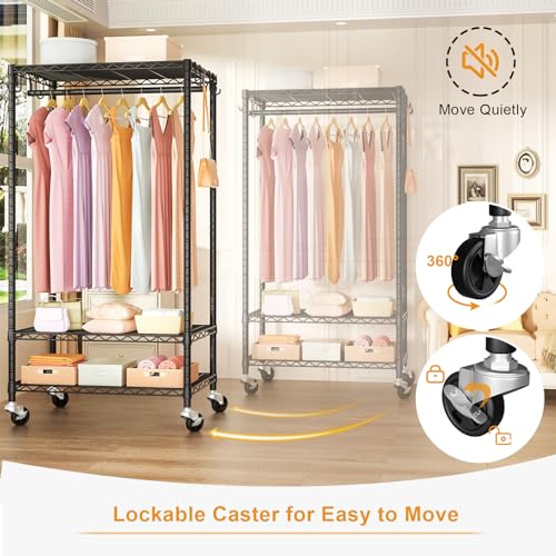 FUTASSI Black Rolling Clothes Rack with Adjustable Shelves & Heavy Duty Support