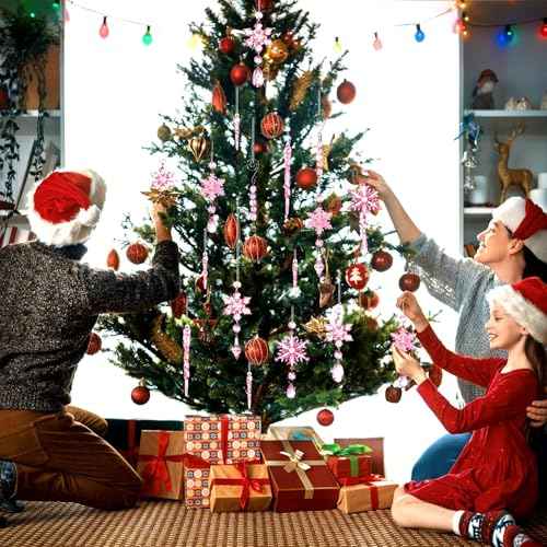 FEBSNOW Christmas Tree Ornaments, 16pcs Light Pink Acrylic Snowflake Ornaments Christmas Hanging Decorations Icicle Snowflake Pendants for Christmas Tree Frozen Themed Winter Wonderland Party Decor