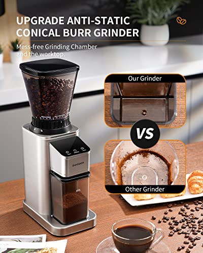 Conical Burr Coffee Grinder - Anti-Static, 48 Settings, Silver by SHARDOR