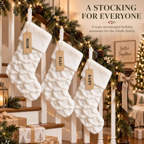 AISENO 3-Pack 20 Inch White Faux Fur Christmas Stockings with Cable Knit - Knitted Holiday Decor