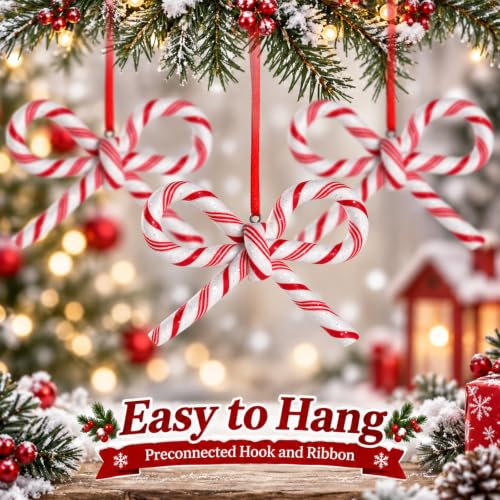 Candy Cane Bow Ornaments for Christmas Tree Decorations, Red and White