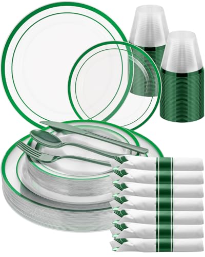 Goodluck 175-Piece Clear Green Disposable Dinnerware Set for 25 Guests - Plates, Cups, Napkins & Cutlery (Variation: Green)