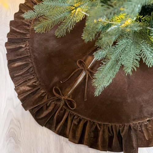 Amidaky Brown Ruffled Velvet Christmas Tree Skirt 48 Inch Holiday Decoration