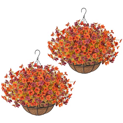 Artificial Fall Hanging Baskets Outdoor Set with Faux Flowers, 2 Pcs Orange Red
