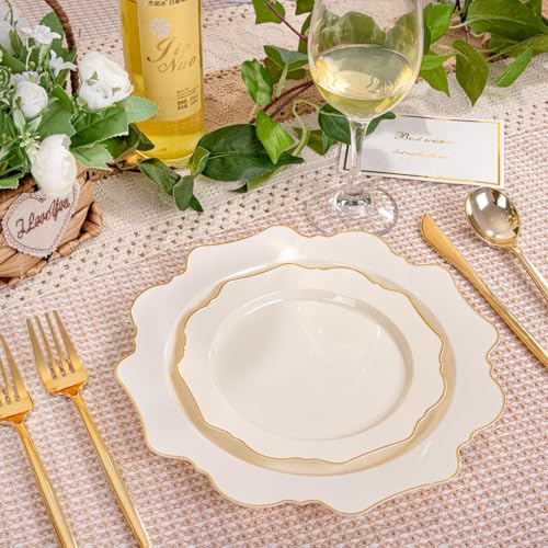 WDF Ivory Plastic Plates Set 200pcs - Gold Rim Disposable Dinner & Dessert Plates - Variation: Ivory / 200