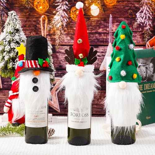 3 Pack Christmas Gnome Wine Bottle Covers,Swedish Gnomes Wine Bottle Toppers Decorative Santa Christmas Tree Snowman,Wine Bottle Bags for Christmas Holiday Party Decorations