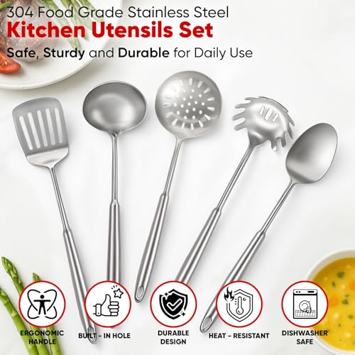 5 Pcs Newness Cooking Utensils Set, 304 Stainless Steel Kitchen Metal