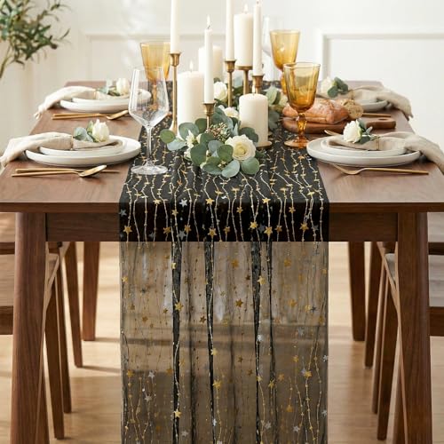 Artoid Mode 28x120 Inch 6pc Black Gold Glitter Gauze Table Runner Set