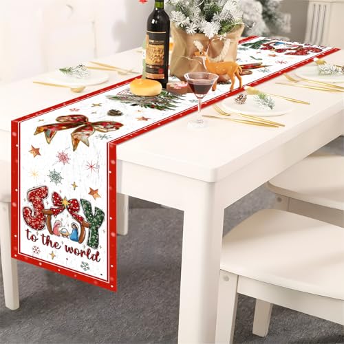 Christmas Table Runner,Jesus Joy to The World Table Runner,Bow and Christmas Tree Tabletop Cover,Red Xmas Seasonal Winter Holiday Tabletop Decorations for Home Indoor Kitchen Dining