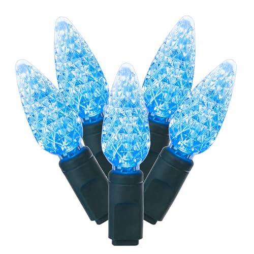 Vickerman Teal C6 LED Christmas Light Set, 34 ft, 100 Lights on Green Wire