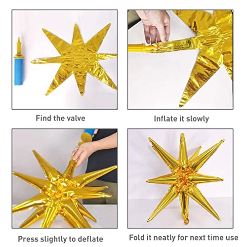 6 Pcs Gold Star Foil Balloons One-Piece 14-Pointed Star Balloon 4D Starburst Cone Mylar Balloon 22inch Christmas Birthday Wedding Wedding Anniversary Party Supplies(Gold)