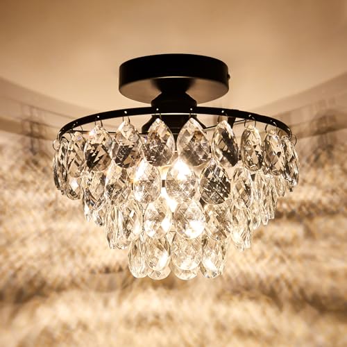 Small Black Crystal Ceiling Light Fixture Semi Flush Mount for Hallway Bedroom Bathroom - Variation: Black / Small Crystal