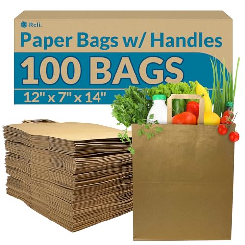 Large Kraft Paper Grocery Bags with Handles | 12x7x14 Inches, 100 Pack