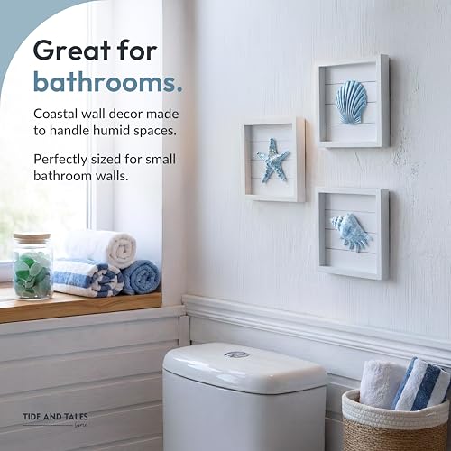 Tide and Tales 3D Coastal Wall Art, Beach Decor, Framed Set of 4, Blue
