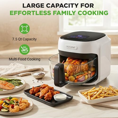 NutriChef 7.5 Quart Family Size Air Fryer with Glass Bowl - White