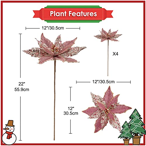 Briful 12'' Large Heads Christmas Glitter Poinsettia Flowers Tree