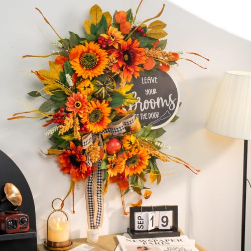 Peony Fall Wreath for Front Door 24 Inch Autumn Rustic Sunflower Decor
