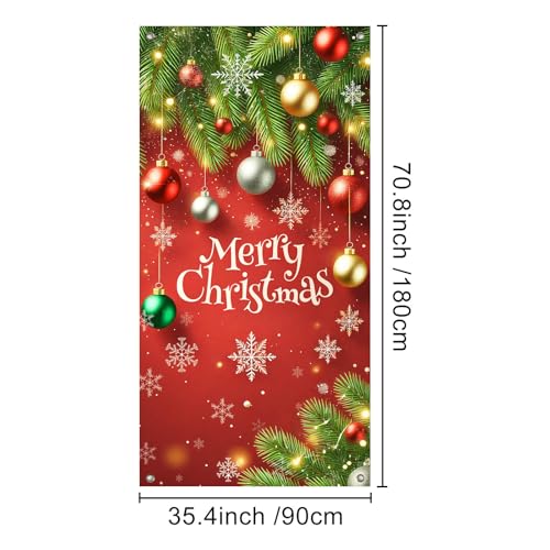 IVN Christmas Red Door Cover Banner with Ornament Branch - 71x35 Inch