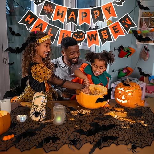 CMXZSAM Black Halloween Decor Set with Mantel Scarf, Table Runner, 3D Bats & Spiders, Banner