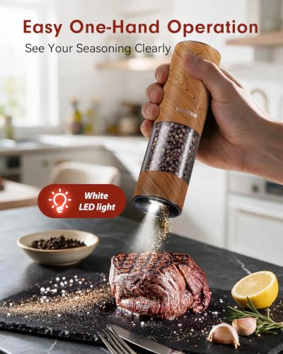 TOMEEM Rechargeable Electric Salt & Pepper Grinder Set - Large Capacity, Wood Color