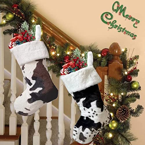 OLLULL White & Black Cow Faux Fur Christmas Stockings, Large 20 Inch, 2 Pack