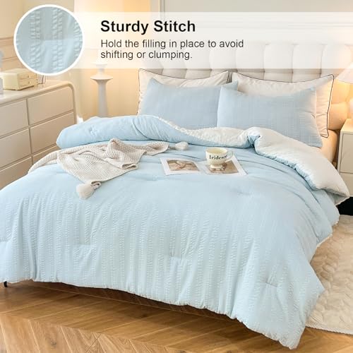 King Size Boho Comforter Set Light Blue 3-Piece Bedding with Pillowcases - All Season Soft Cozy Seersucker & Pleats