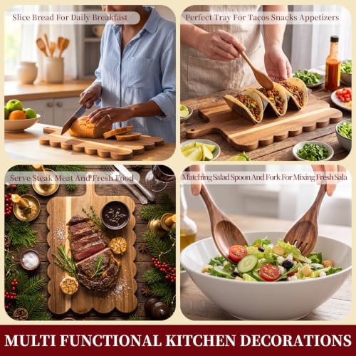 Willinglong 6 pcs Christmas Scalloped Acacia Wood Cheese Board Gift Set