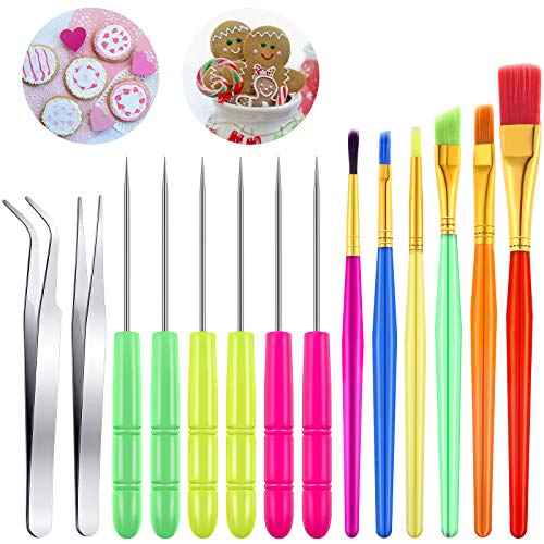 Patelai 14 Pcs Cookie Decorating Tool Set Christmas Fondant Cake Decorating Brushes Scribe Cookie Tool Sugar Stir Needle Baking Elbow and Straight Tweezers for Christmas Sprinkles Supplies for Fondant