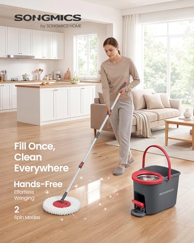 SONGMICS Spin Mop and Bucket Set with Pedal Wringer, 3 Microfiber Pads, Gray + Red