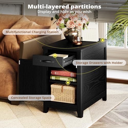 IRONCK End Table with Charging Station - Narrow Black Side Table with Storage