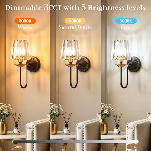 KernLite Black and Gold Wireless Dimmable Wall Sconces Set of 2 with Remote, RGB & CCT Adjustable, Crystal Decor for Bedroom & Living Room