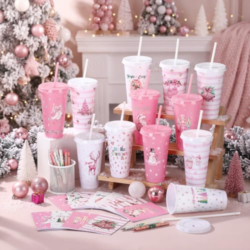 Feifeiya 72 Pcs Pink Christmas Cups Gift Set with Lids & Straws, 24 Notebooks & Pens, Snowmen & Stars