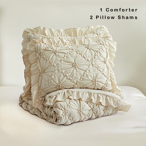 Beige King Comforter Set with Pinch Pleat Ruffle 3 Pieces - Microfiber Bedding