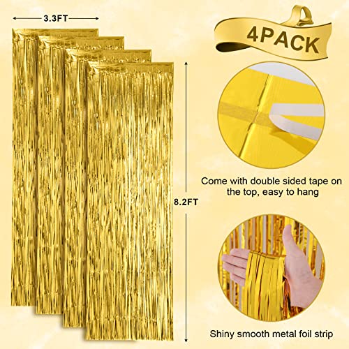4 Pack Gold Foil Fringe Backdrop Curtains, Tinsel Streamers Birthday Party Decorations, Fringe Backdrop for Graduation, Baby Shower, Gender Reveal, Disco Party