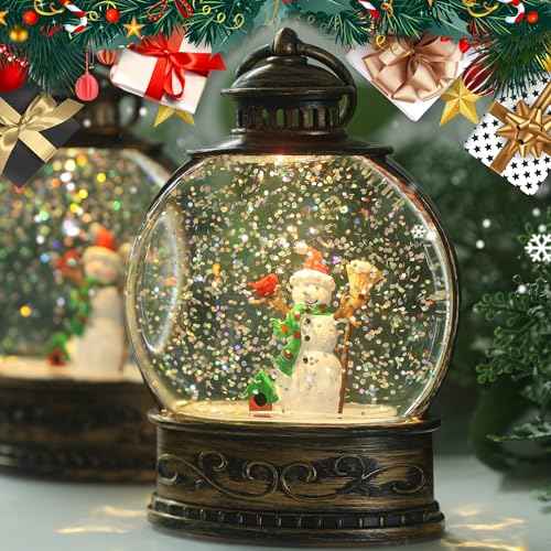 Christmas Snow Globe, Lighted Lantern, 5.6" Mini Glitter Lanterns Decorations, Water Snow Globe for Christmas, Holiday, Party Round