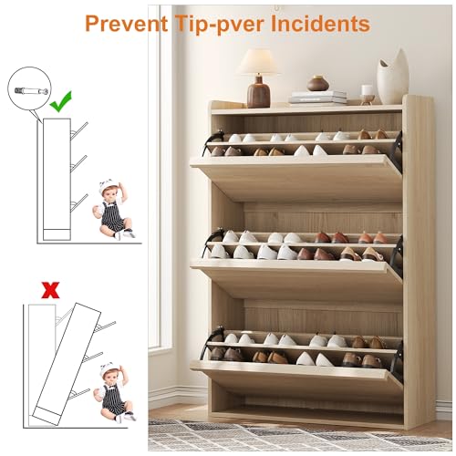 GarveeHome Shoe Cabinet with 3 Flip Drawers, Wooden Organizer