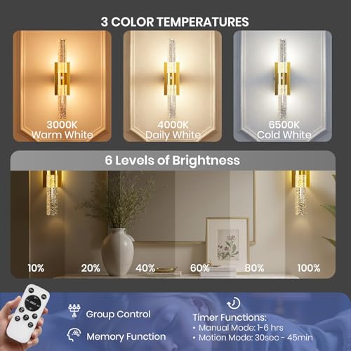 IRONPAX Wireless Rechargeable Wall Sconces Set of 2 - Brushed Gold with Bubble Crystal, Dimmable LED Lights with Remote, No Hardwiring Needed