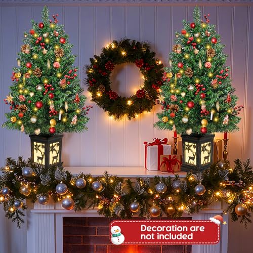 2-Pack 3ft Pre-lit Christmas Tree with 78 LED Lights, Red Berry & Pine Cone, Indoor Outdoor