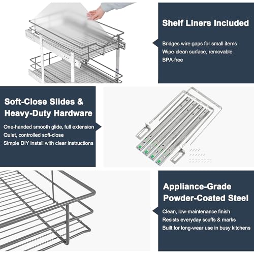 2-Tier Pull Out Cabinet Organizer 20 W x 22 D Soft Close Drawer Shelves - Heavy Duty Steel