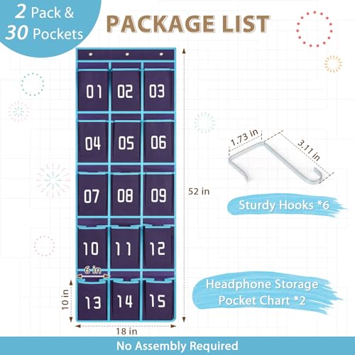 Blue 2 Pack Classroom Headphone Storage Organizer with 30 Clear Pockets