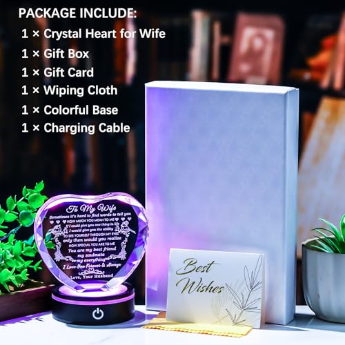 Personalized Crystal Heart Gift for Wife - Love Quote Keepsake with LED Light - Wedding Anniversary & Birthday Gift - Wife Gifts Variation of Wife Gifts