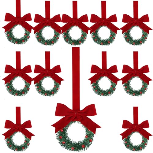 Sggvecsy Velvet Christmas Mini Wreaths for Kitchen Cabinets, Front Door & Wall Decor, Red Berry & Bows, 8 Inch