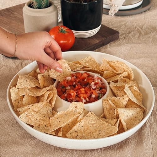 Mora Ceramic Chips and Dip Serving Tray Vanilla White - Large Divided Party Bowl Set