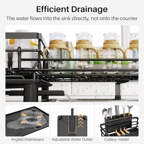 Expandable Dish Drying Rack for Kitchen Counter - Black - Over Sink, Rustproof Steel