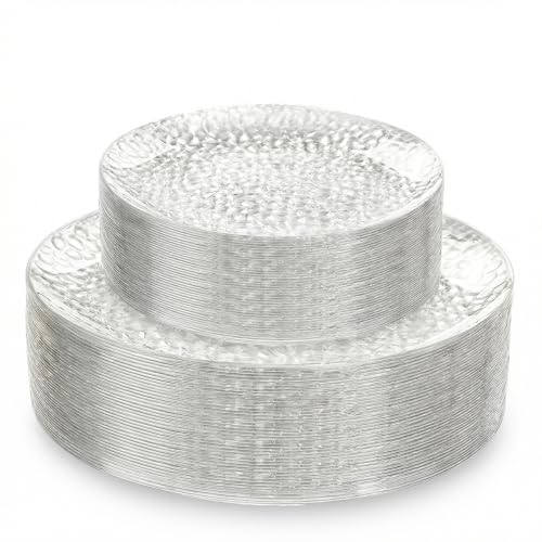 Clear Disposable Plastic Plates Set - Hammered Heavy Duty Dinner & Salad Plates, 60 Pieces - Bridal & Party Use